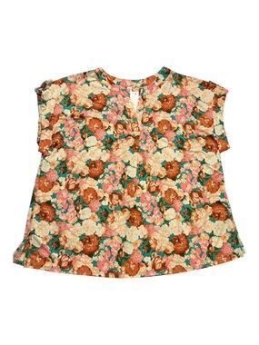 Dear Scarlett Floral Short Sleeve Blouse XL Teal Peach Rust